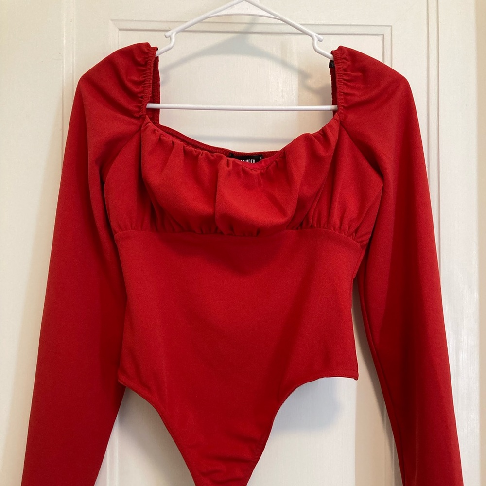Red misguided long sleeve ruffle thong bodysuit